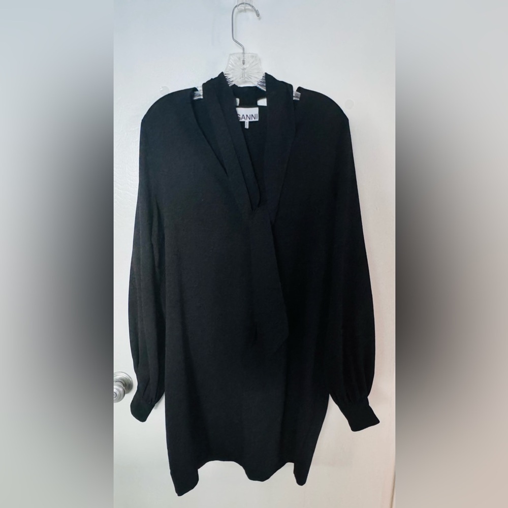 Ganni Long Sleeve Black Crepe Mini Dress - Picture 2 of 5